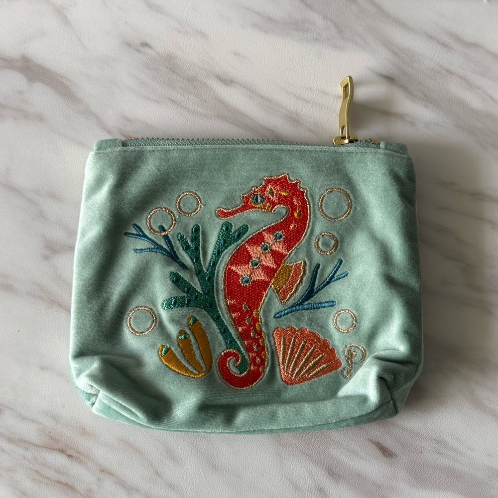 Powder Velvet Mini Pouch – Seahorse Embroidered Aqua Blue Zip Bag